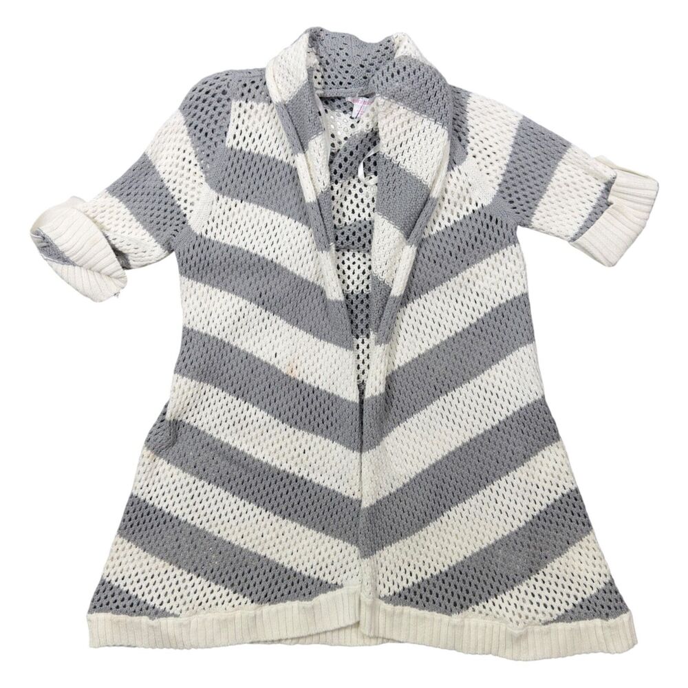 Xhilaration Sweater Women's Large Gray White Knitted Mesh Striped Open Cardigan